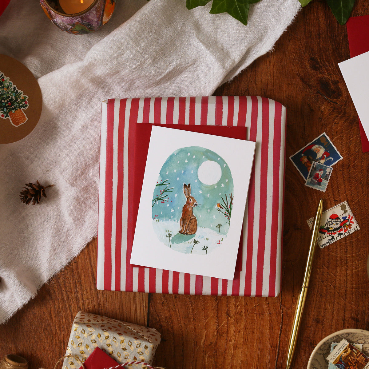 Christmas Hare & Robin Mini Card