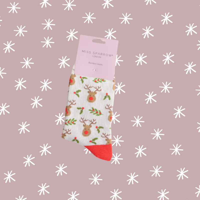 Reindeer & Holly Bamboo Socks - Cream