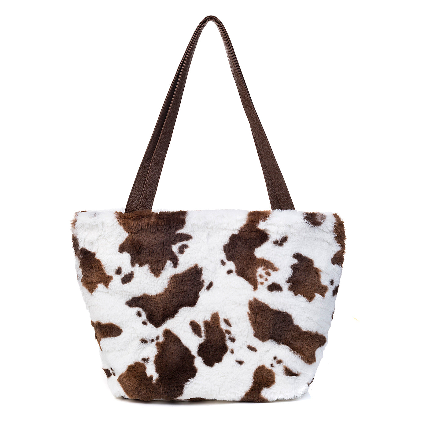 Cow Print Faux Fur Tote Bag - Brown