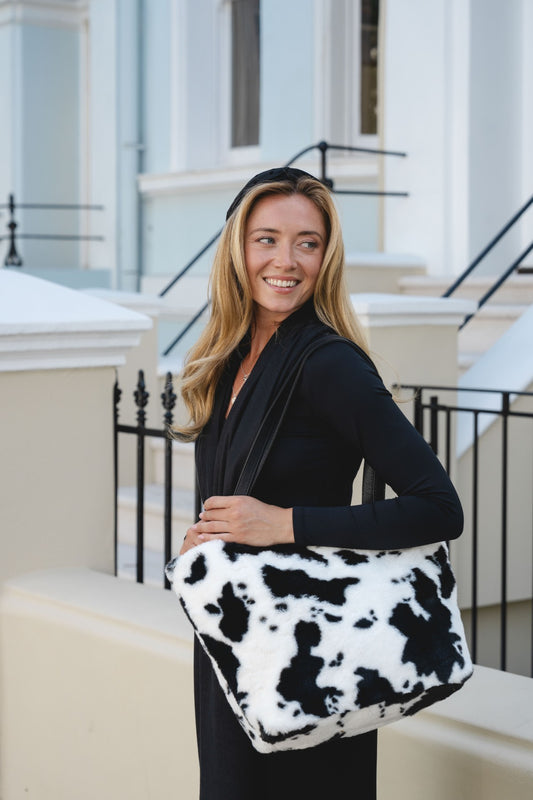 Cow Print Faux Fur Tote Bag - Black