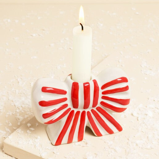 Stripe Bow Candle Holder - Red & White