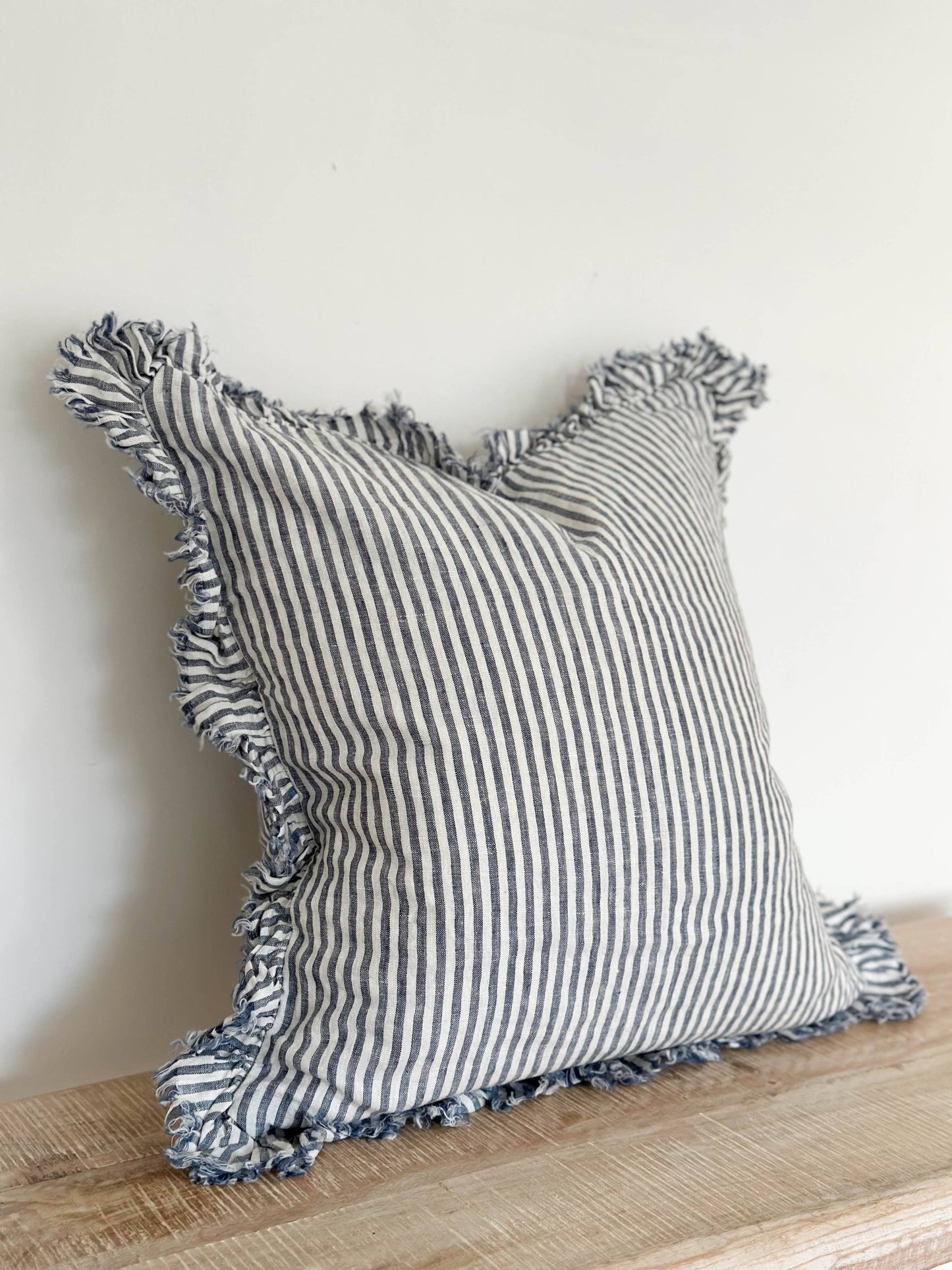 Hallie Ruffled Linen Cushion Cover – Navy Stripe