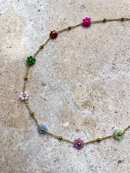 Beaded flower gold charm necklace