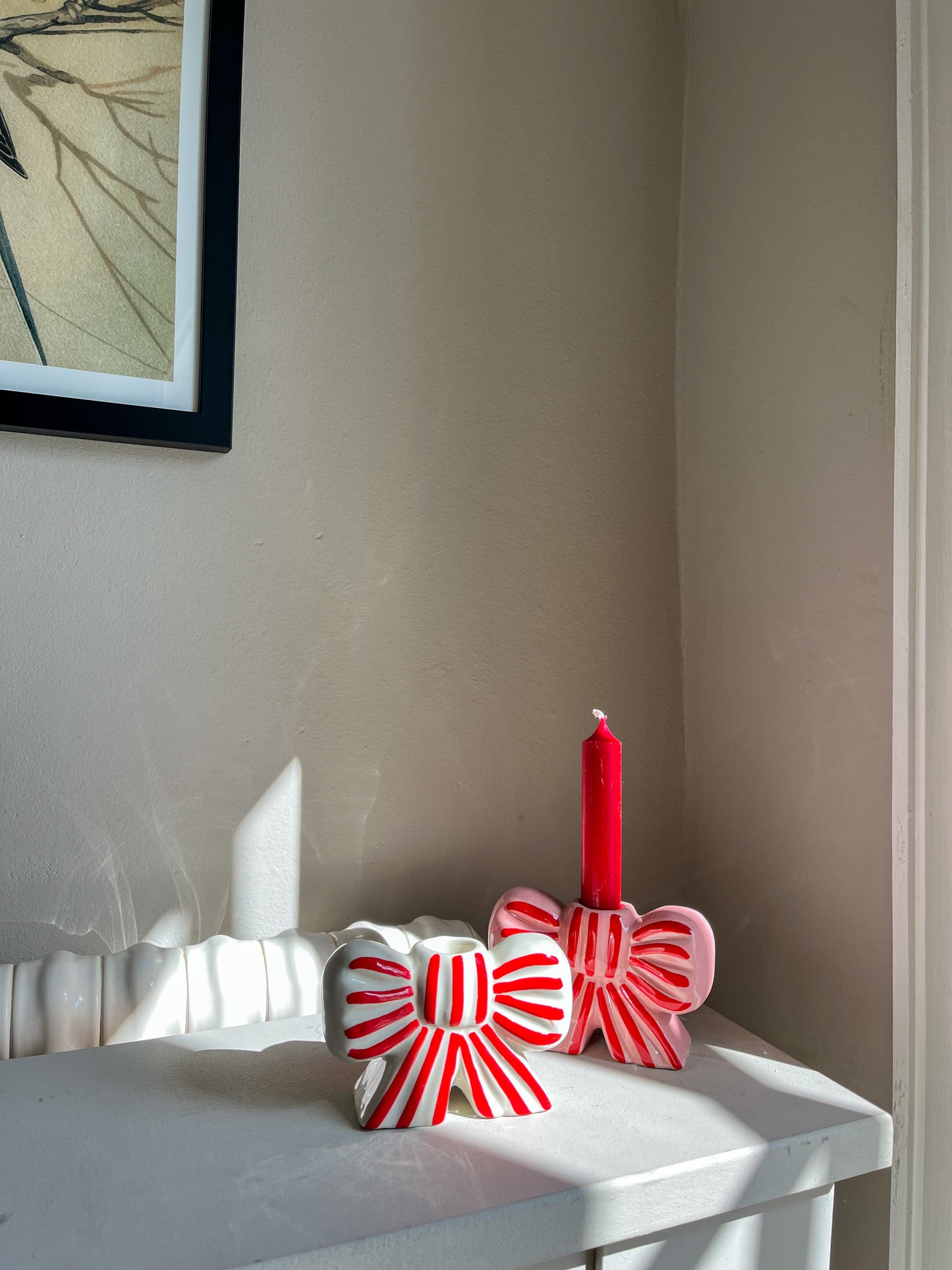 Stripe Bow Candle Holder - Red & White