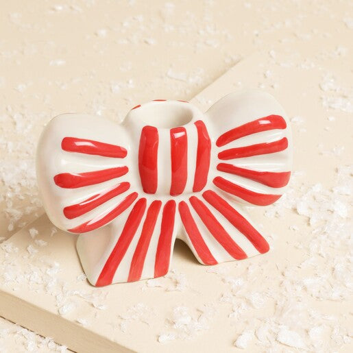Stripe Bow Candle Holder - Red & White