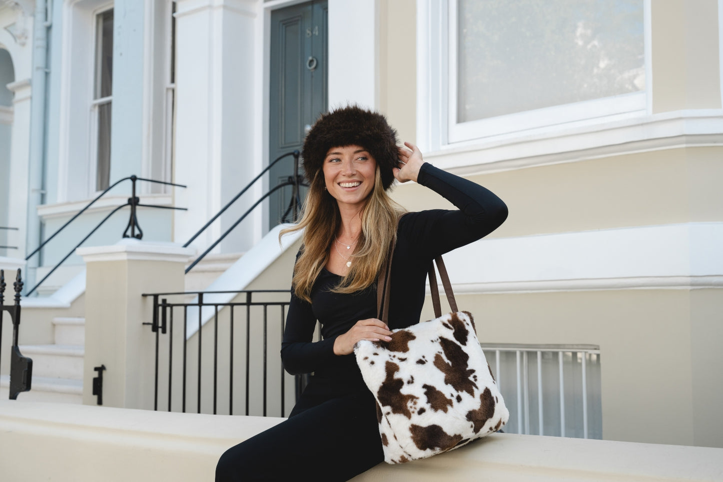 Cow Print Faux Fur Tote Bag - Brown