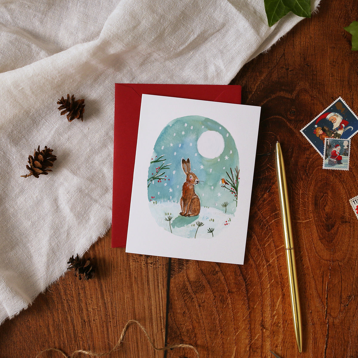 Christmas Hare & Robin Mini Card