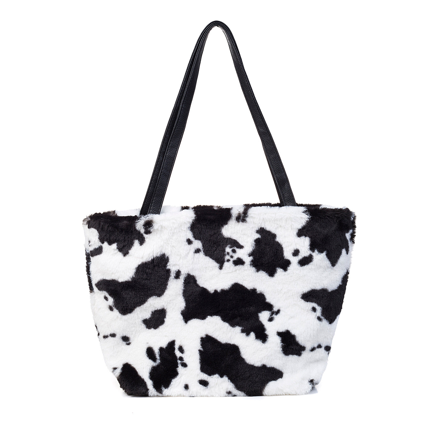 Cow Print Faux Fur Tote Bag - Black