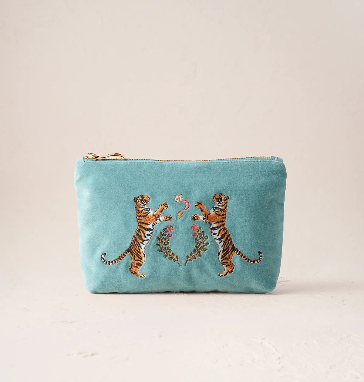Celestial Tigers Velvet Mini Pouch - Dusky Teal