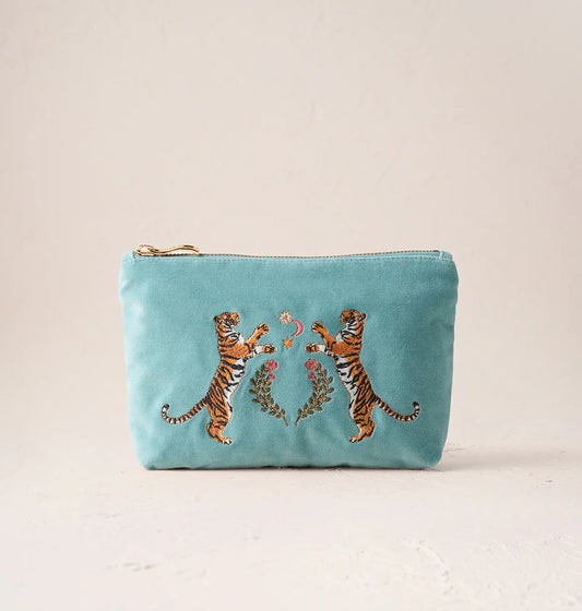 Celestial Tigers Velvet Mini Pouch - Dusky Teal