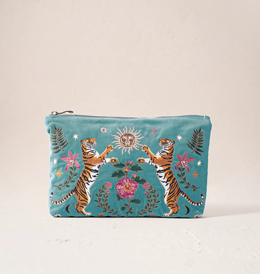 Celestial Tigers Velvet Everyday Pouch - Dusky Teal