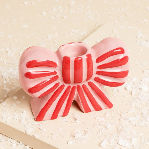 Stripe Bow Candle Holder - Red & Pink