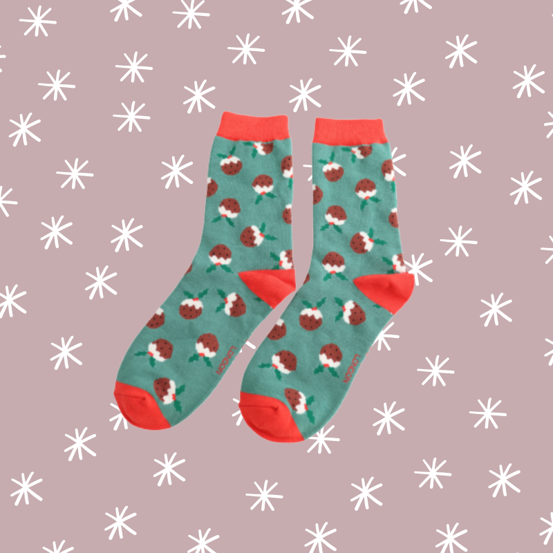 Christmas Puddings Bamboo Socks - Green