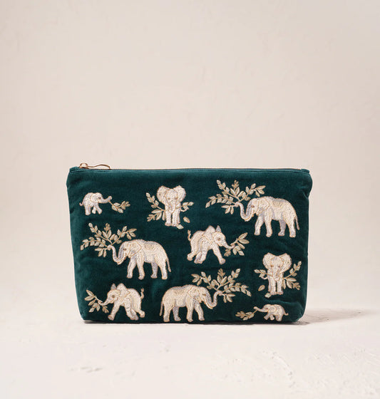 Elephant Herd Velvet Everyday Pouch -  Emerald