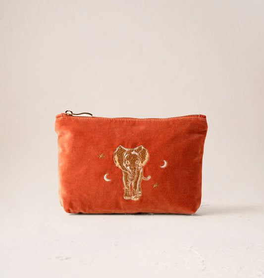 Golden Elephants Velvet Mini Pouch - Rust
