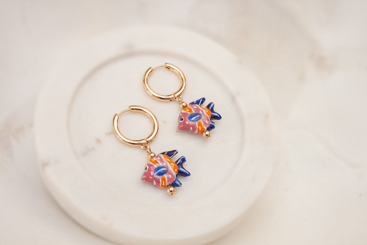 Ceramic Angelfish Pendant Earring - Pink & Gold