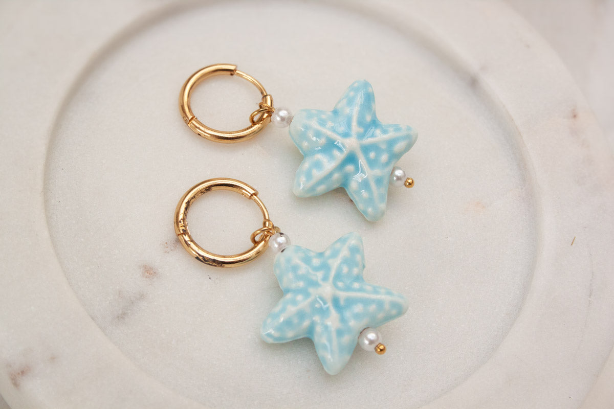 Ceramic Blue Starfish Pendent Huggie Earrings