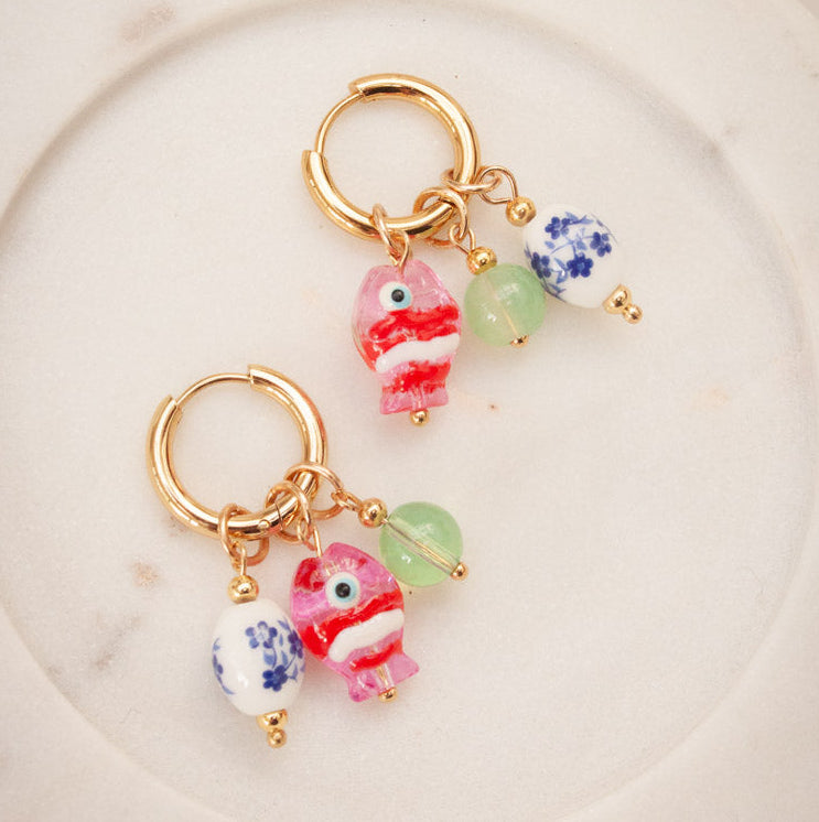 Goldfish & Bead Pendent Huggie Earrings