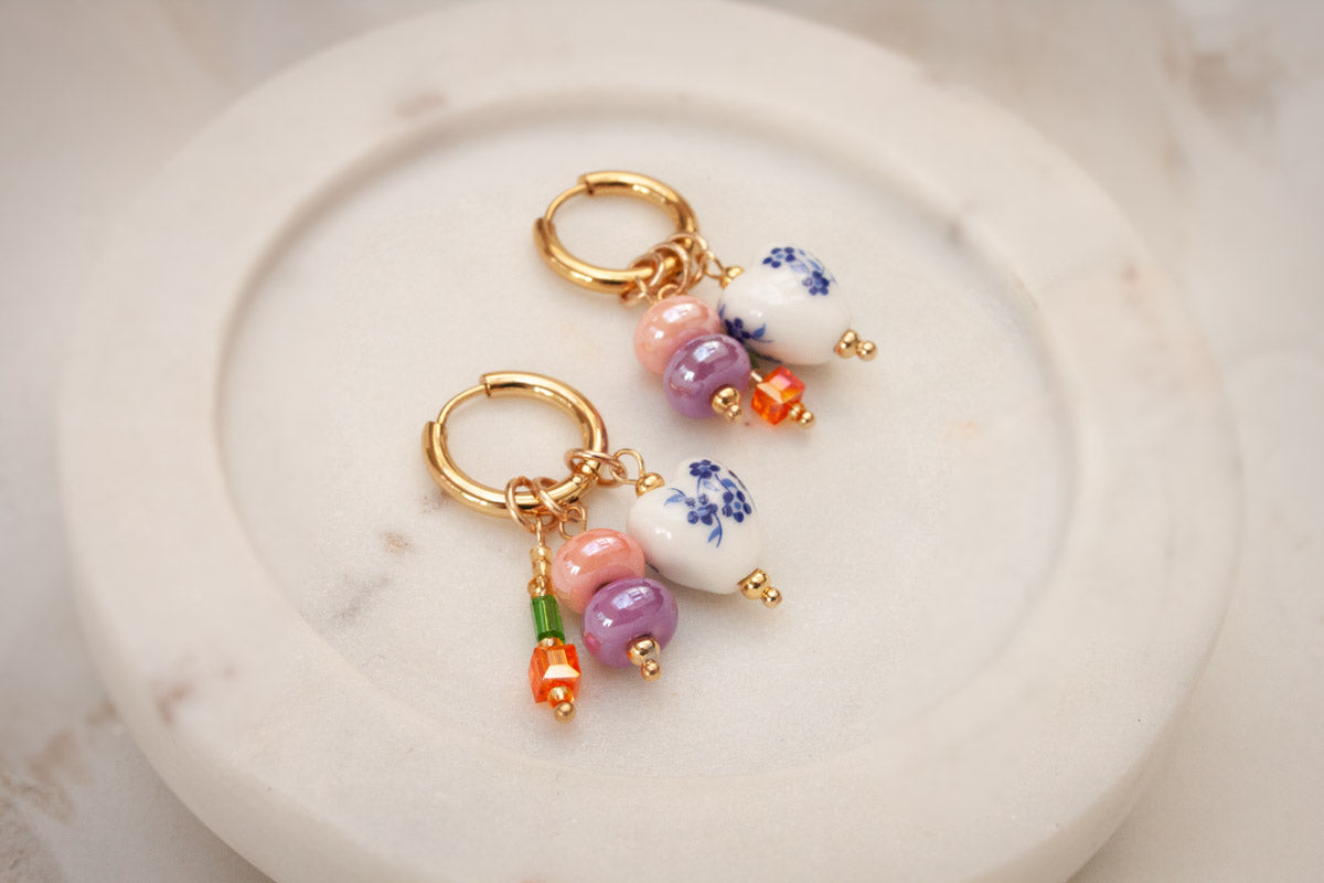 Porcelain Print & Bead Pendent Huggie Earrings