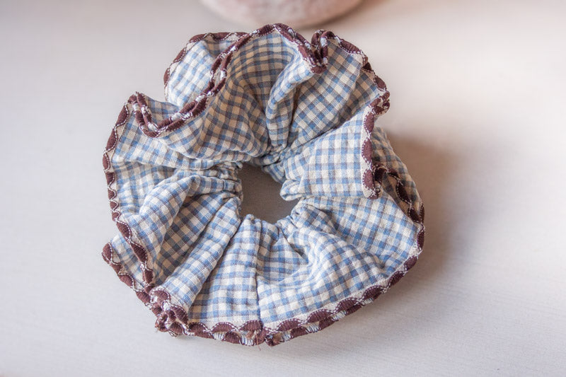Blue and Maroon Gingham & Lace Patchwork Hair Scrunchie