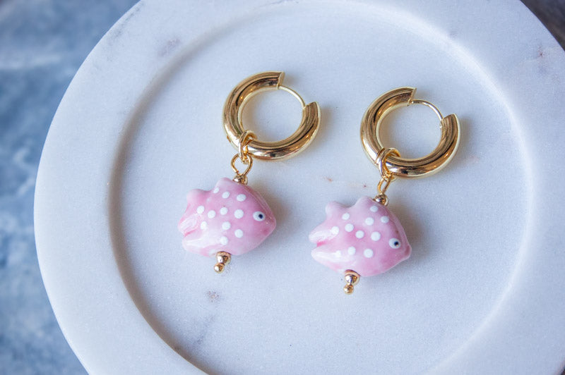 Ceramic Fish Pendant Earring - Pink