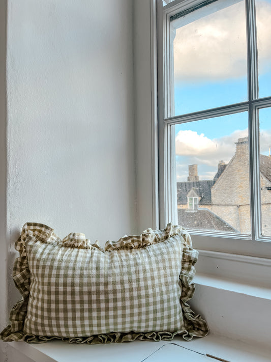 Gingham Ruffle Cushion - Green