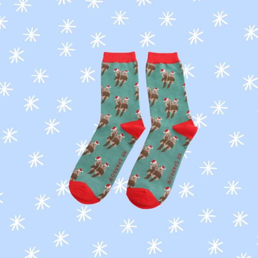 Festive Otters Bamboo Socks - Green