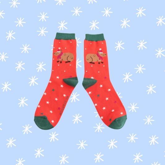 Christmas Capybara Bamboo Socks - Red