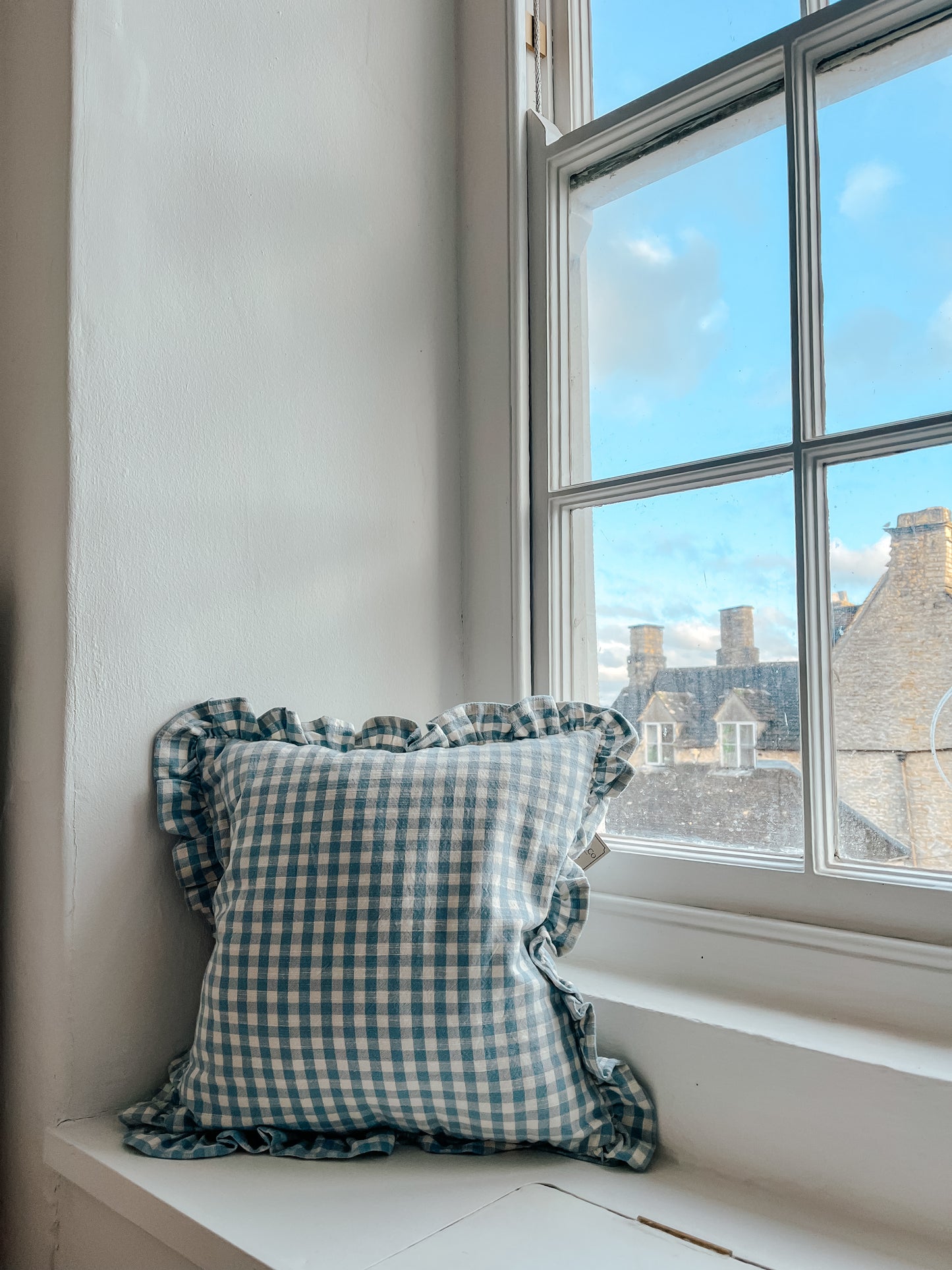 Gingham Ruffle Square Cushion - Blue