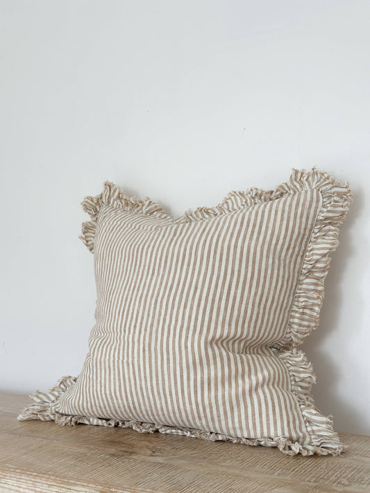 Hallie Ruffle Linen Cushion Cover – Light Brown Stripe : 45 x 45 cm