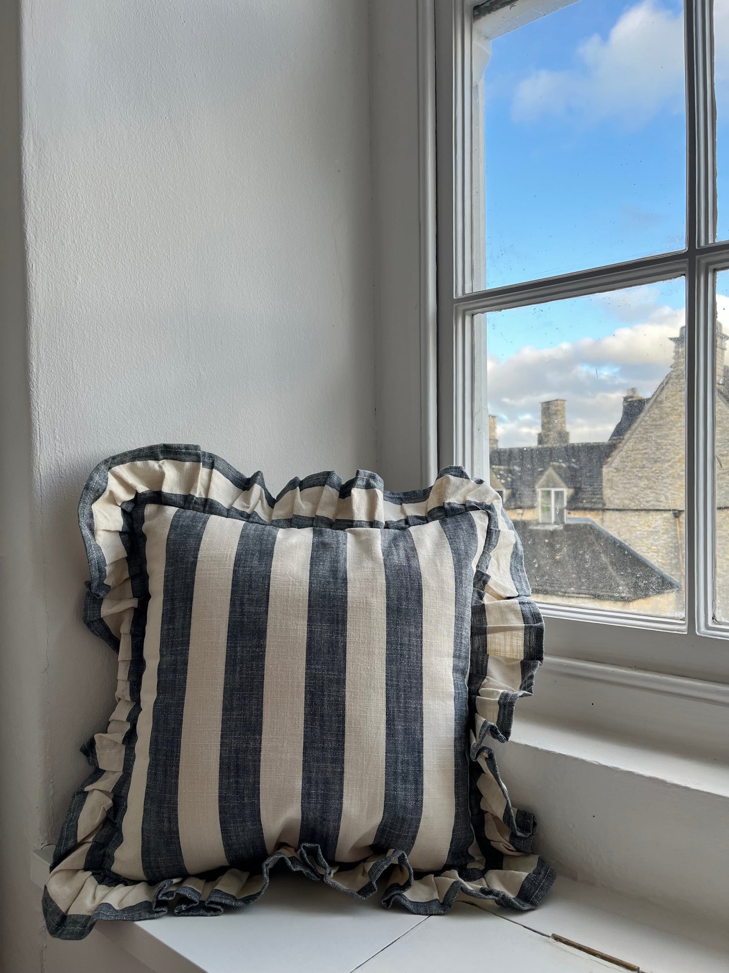 Striped Ruffle Square Cushion - Blue