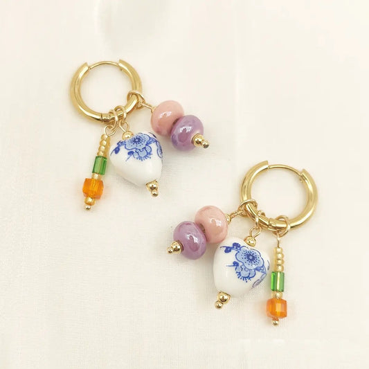 Porcelain Print & Bead Pendent Huggie Earrings
