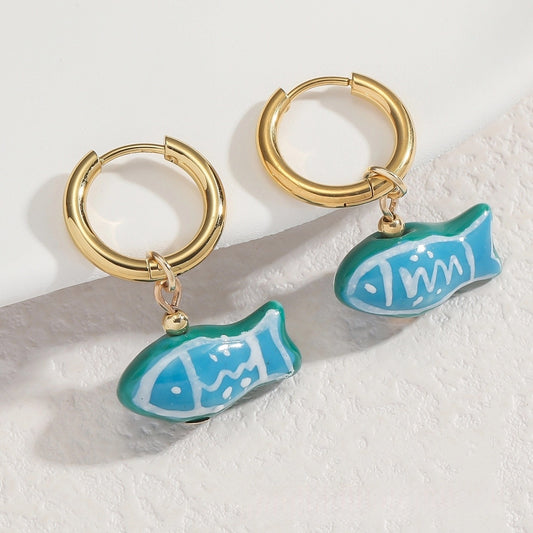 Ceramic Blue Goldfish Pendent Huggie Earrings
