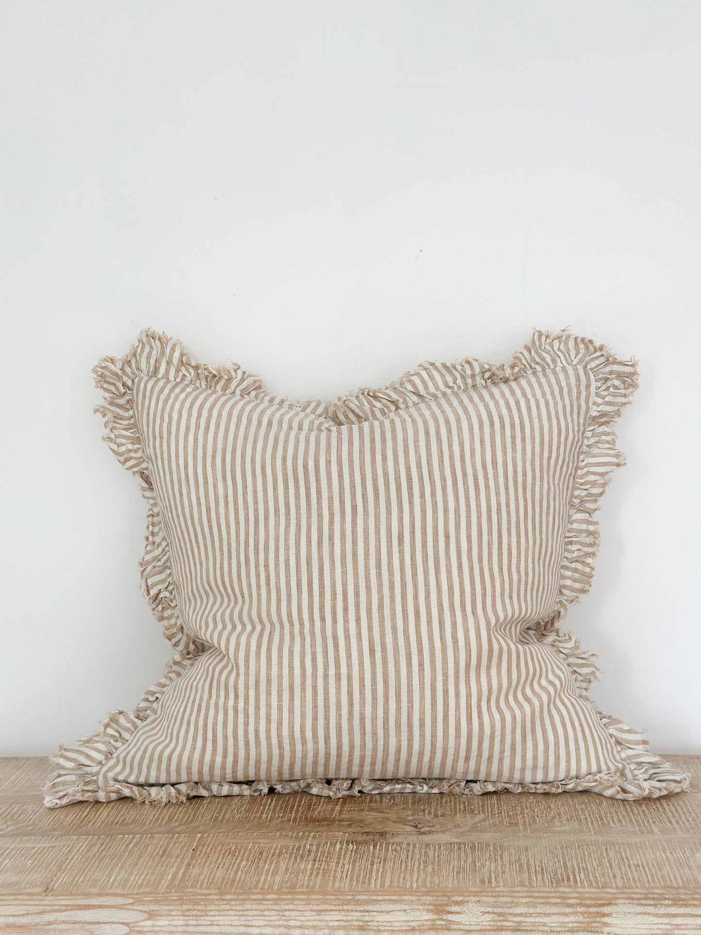 Hallie Ruffle Linen Cushion Cover – Light Brown Stripe : 45 x 45 cm