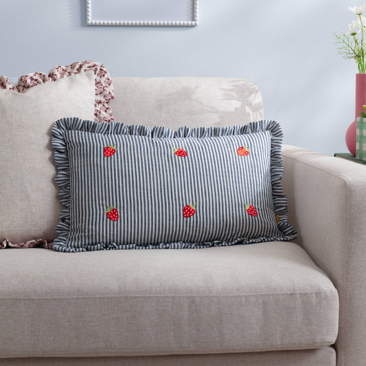 Les Fruites Embroidered Ruffle Cushion Strawberries