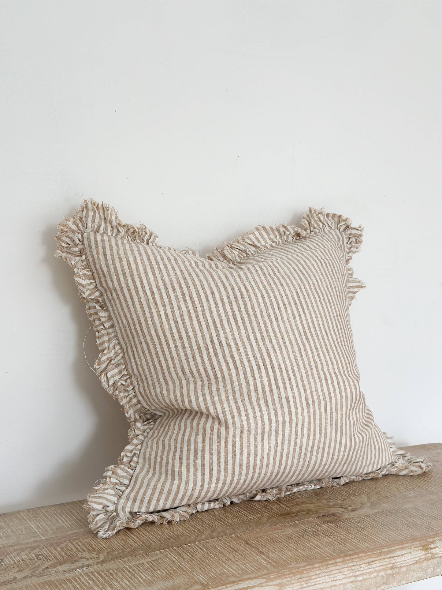 Hallie Ruffle Linen Cushion Cover – Light Brown Stripe : 45 x 45 cm