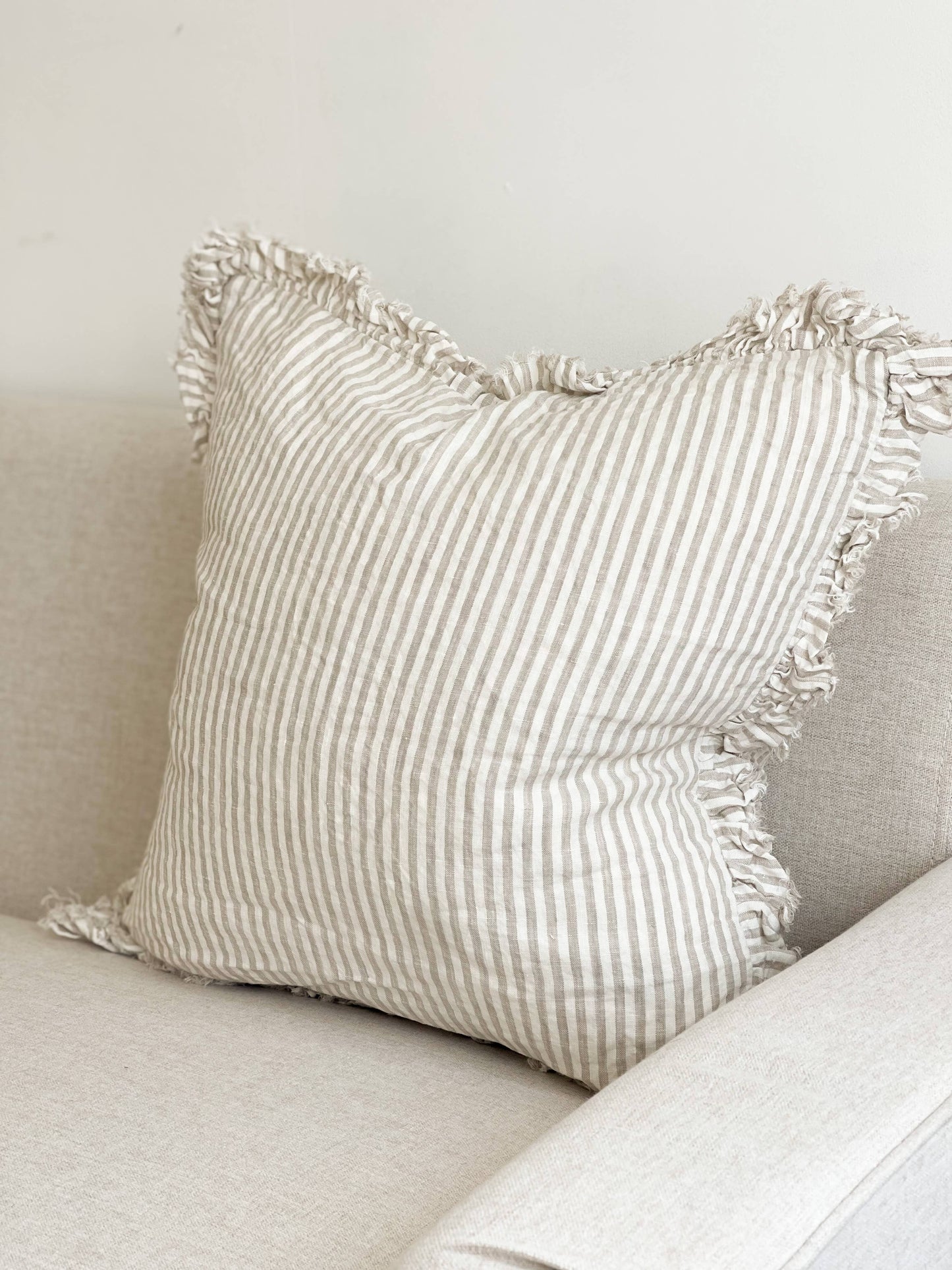 Hallie Ruffled Linen Cushion Cover – Natural Beige Stripe: 45 x 45 cm