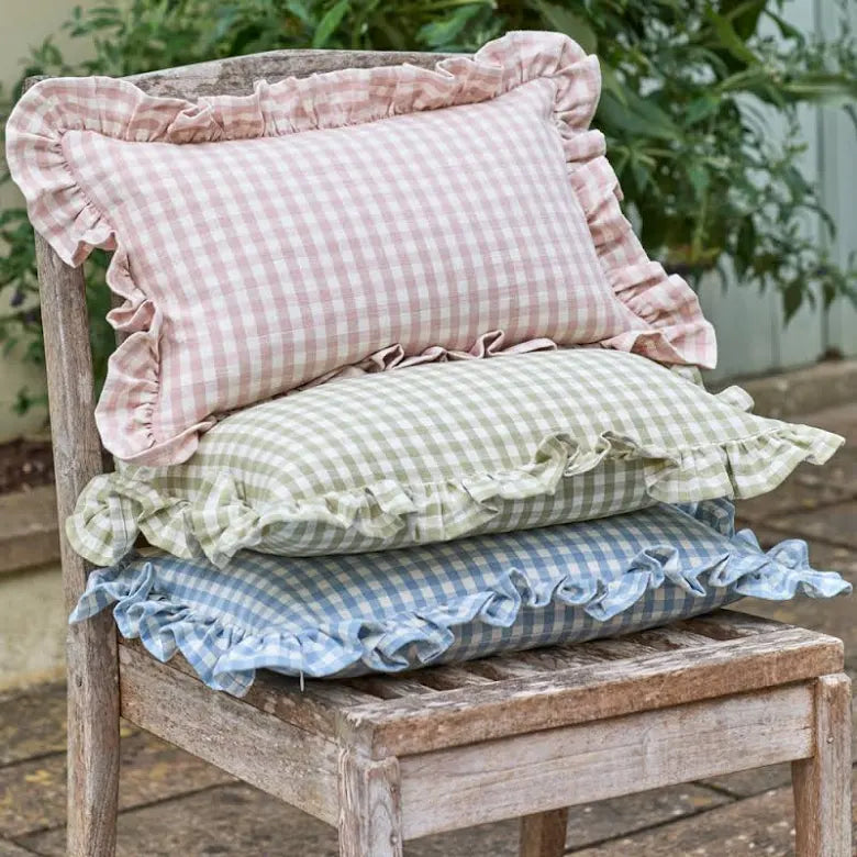 Gingham Ruffle Cushion - Blue