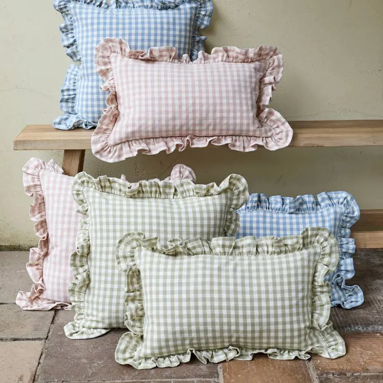 Gingham Ruffle Cushion - Green