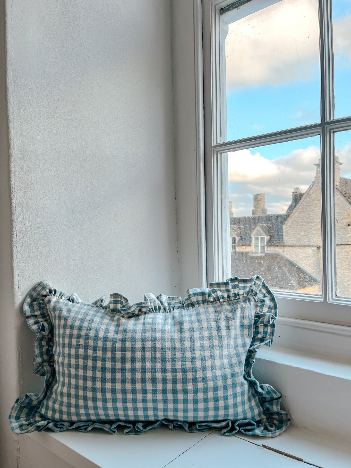 Gingham Ruffle Cushion - Blue