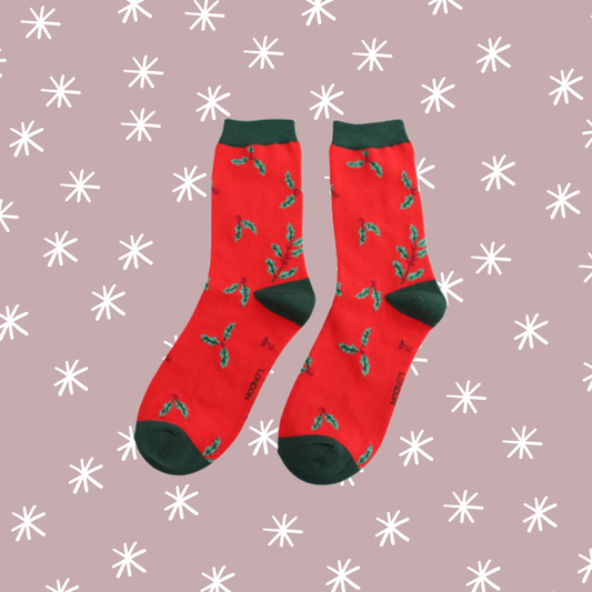 Holly Sprigs Bamboo Socks - Red