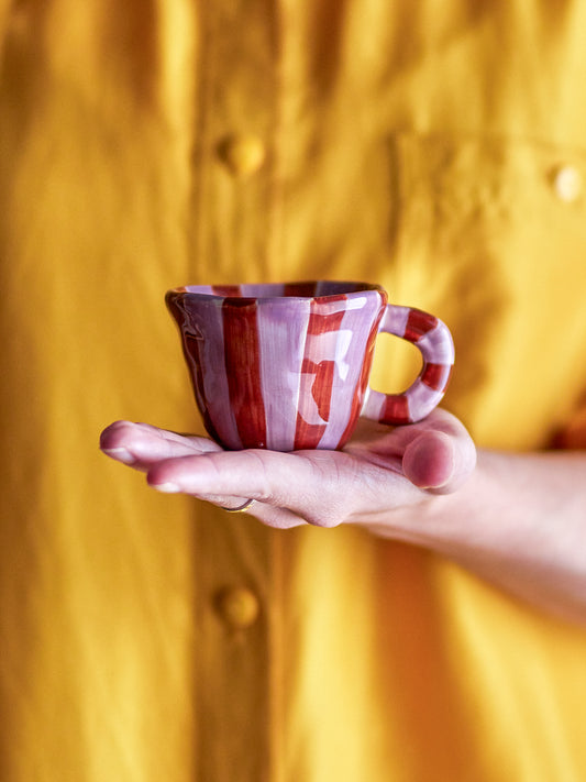 Nini Espresso Cup, Stoneware - Pink & Red Stripe