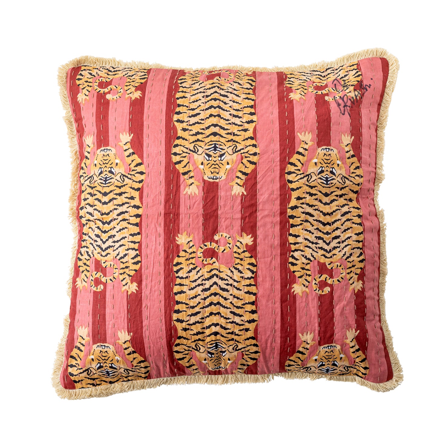 Poirino Tiger Cushion, Cotton - Pink & Red Stripe