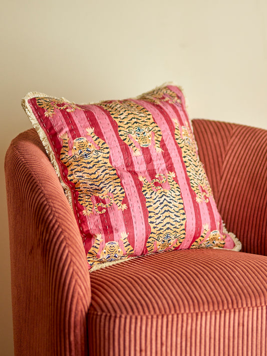 Poirino Tiger Cushion, Cotton - Pink & Red Stripe