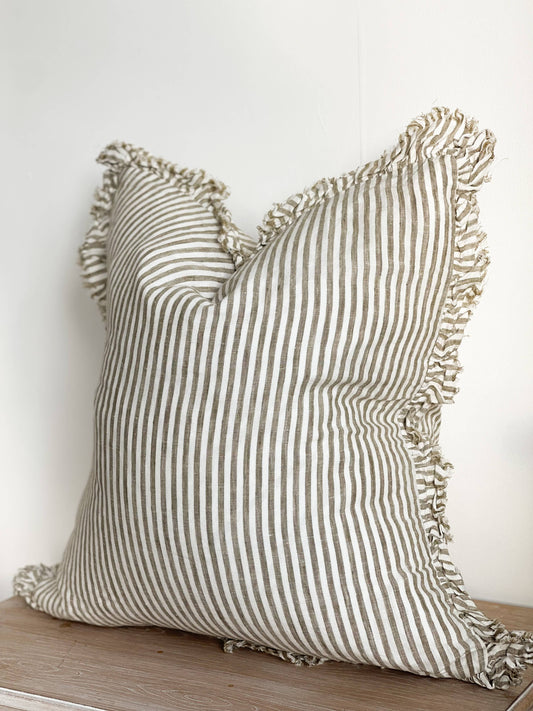 Hallie Ruffled Linen Cushion Cover – Olive Stripe: 45 x 45 cm