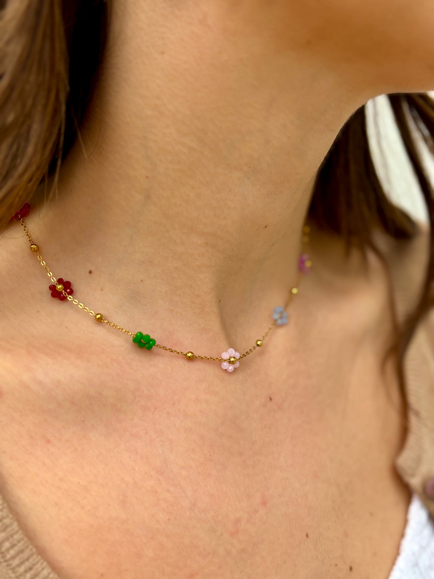 Beaded flower gold charm necklace