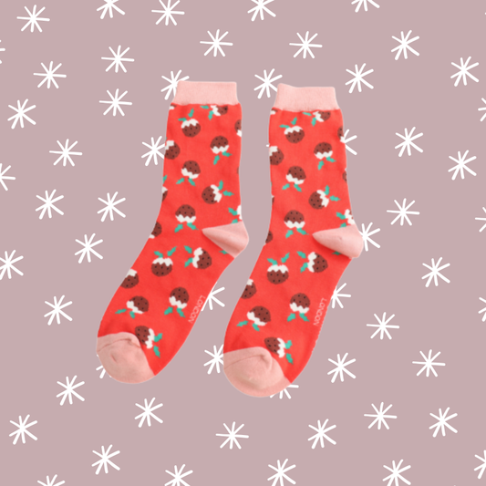 Christmas Puddings Bamboo Socks - Red