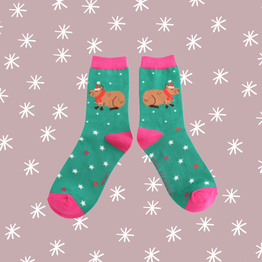 Christmas Capybara Bamboo Socks - Green