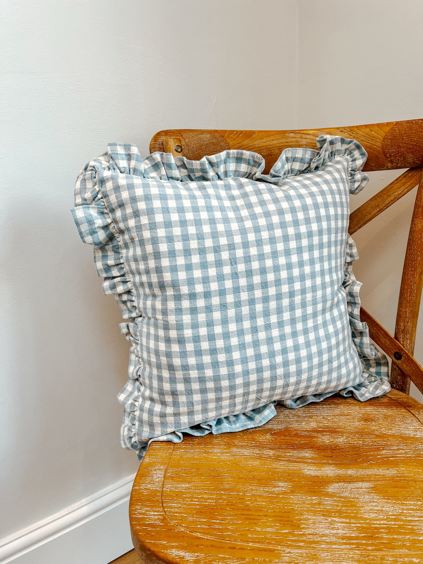 Gingham Ruffle Square Cushion - Blue