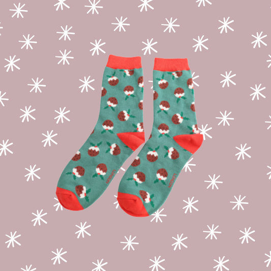 Christmas Puddings Bamboo Socks - Green